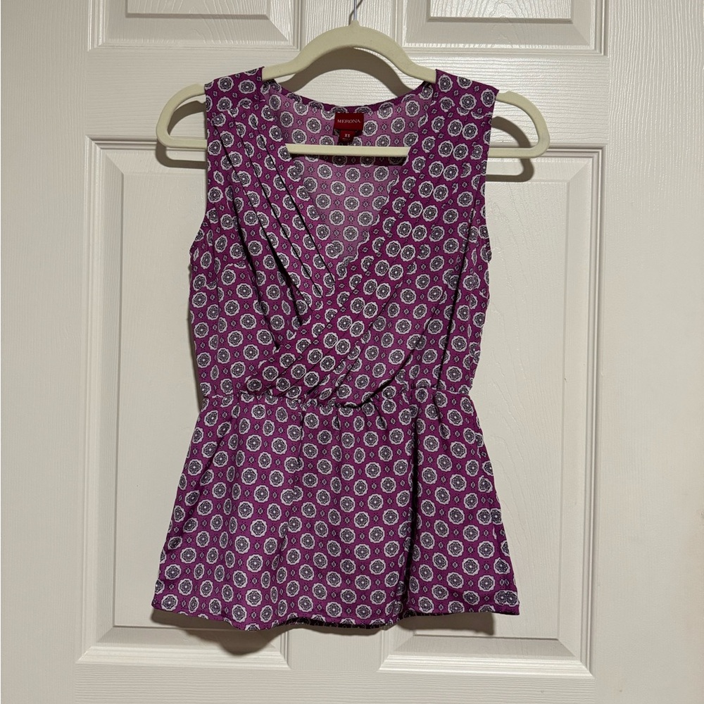 XS Merona Purple Sleeveless Peplum Plunge Neck Shell Pullover